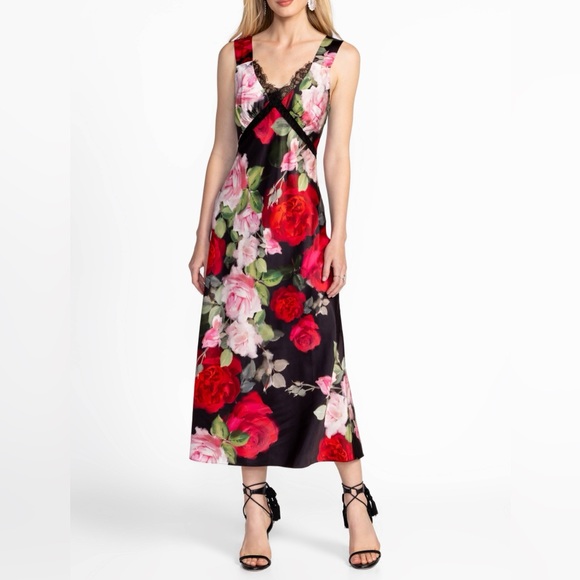 NWT JOHNNY WAS RED & BLACK FLORAL SILK BLEND 
SLIP MIDI DRESS - Picture 2 of 10